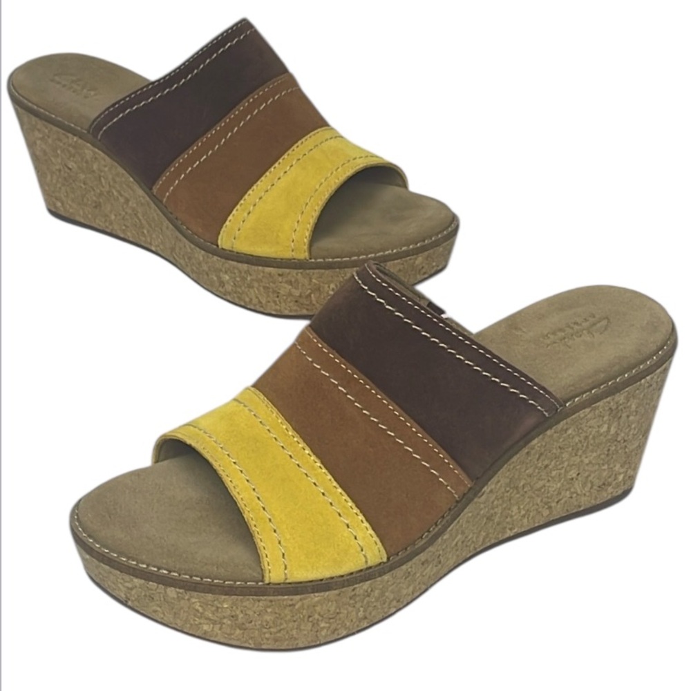 Like New Clarks Artesian Aisley Lily Women’s Sued Cork Wedge Sandals Size 9.5